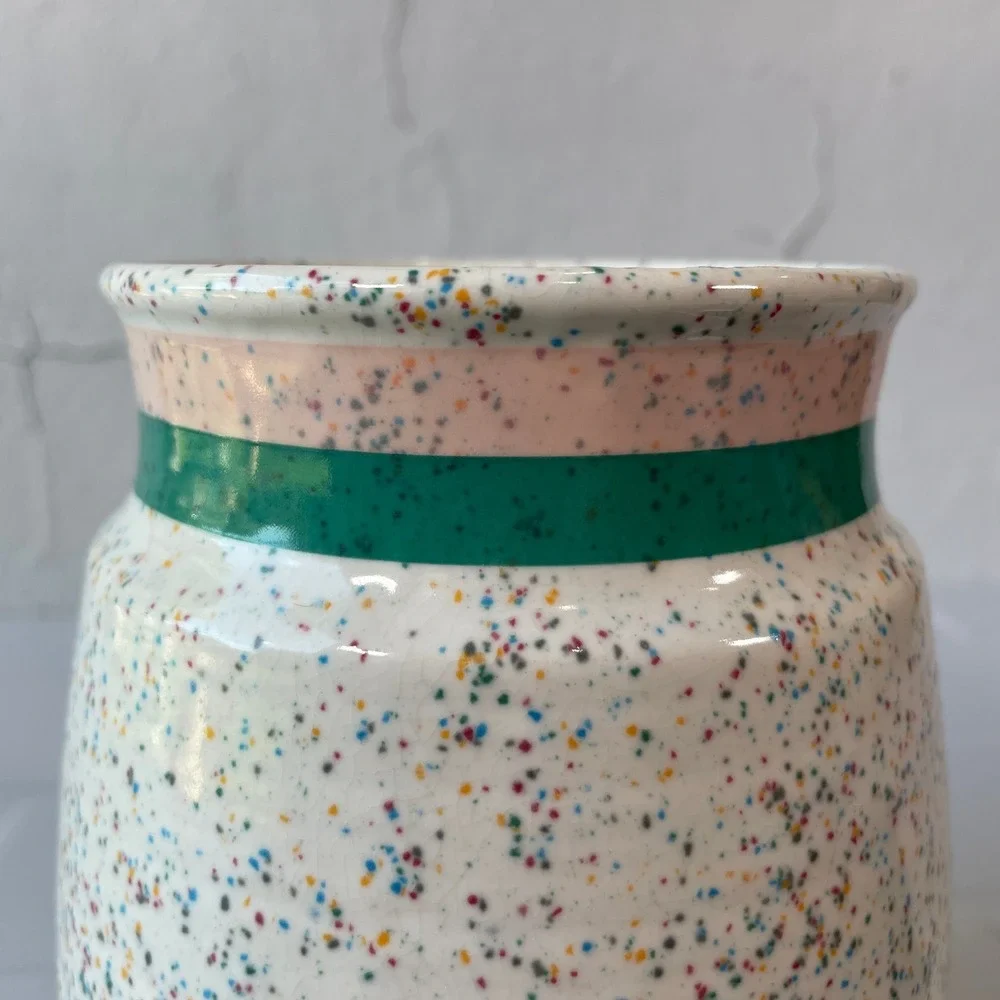 Vintage 50s Otagiri Confetti Splatter Ceramic Jar Japan Pink Teal Stripe MCM